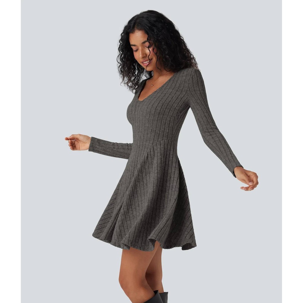 Halara nwt M Ribbed knit v neck‎ long sleeve flare mini dress vacation travel